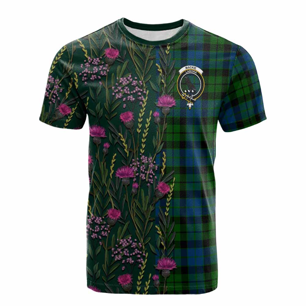 MacKie (McKie) Family Crest Tartan Cotton T-shirt Scottish Thistle Flower Pattern Half Style - Tartan Vibes Clothing