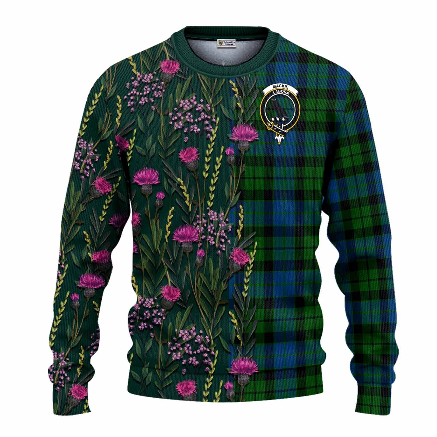 MacKie (McKie) Family Crest Tartan Knitted Sweater Scottish Thistle Flower Pattern Half Style - Tartan Vibes Clothing
