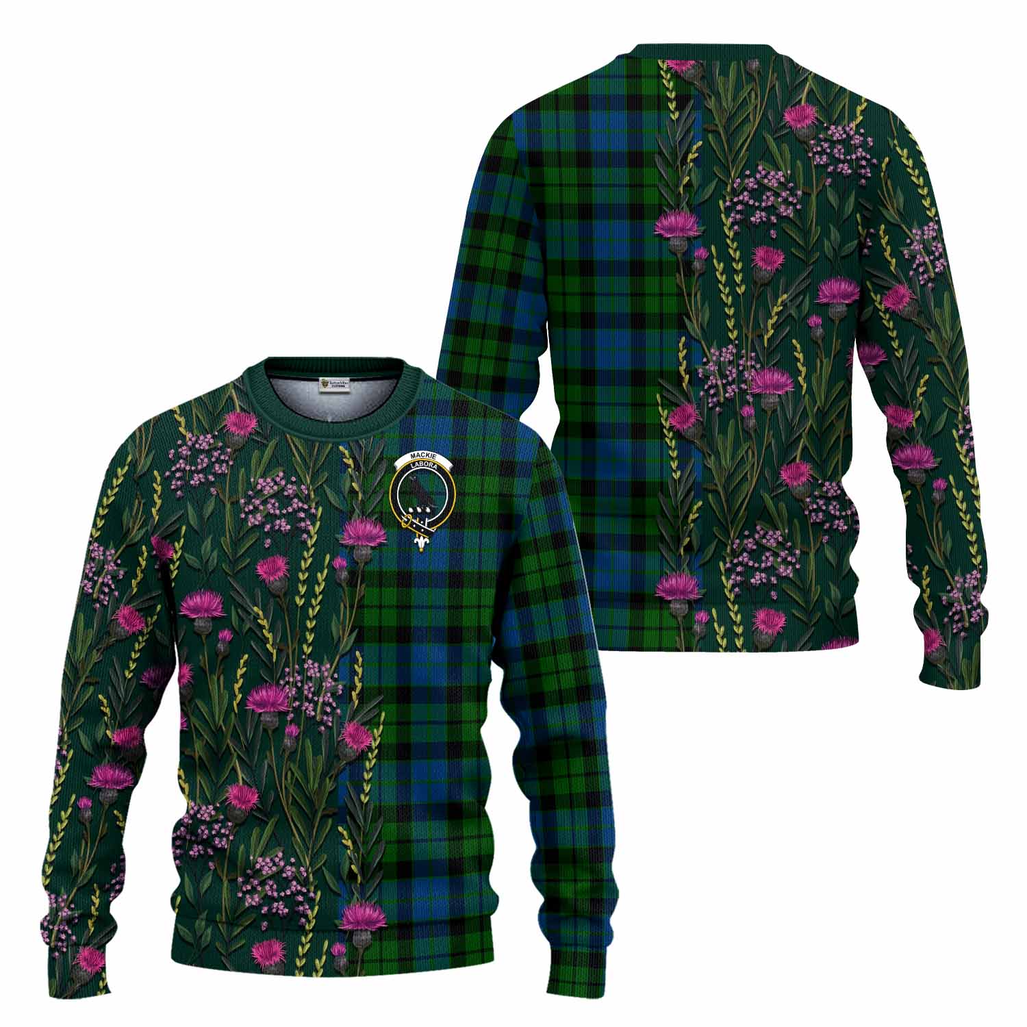 MacKie (McKie) Family Crest Tartan Knitted Sweater Scottish Thistle Flower Pattern Half Style - Tartan Vibes Clothing