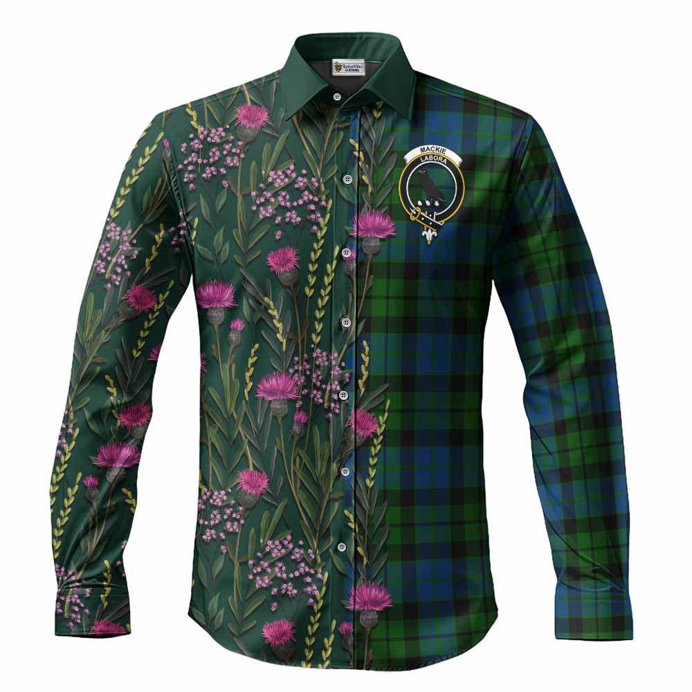 MacKie (McKie) Family Crest Tartan Long Sleeve Button Shirts Scottish Thistle Flower Pattern Half Style - Tartan Vibes Clothing