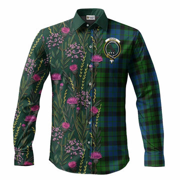 MacKie (McKie) Family Crest Tartan Long Sleeve Button Shirts Scottish Thistle Flower Pattern Half Style