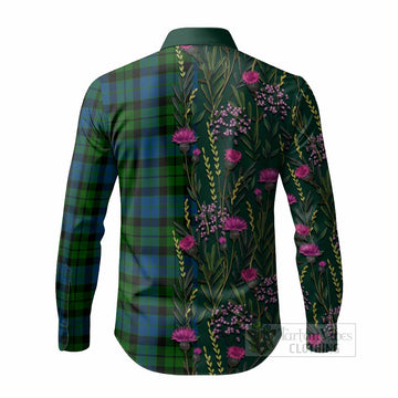 MacKie (McKie) Family Crest Tartan Long Sleeve Button Shirts Scottish Thistle Flower Pattern Half Style