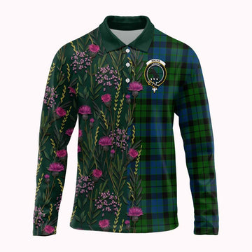 MacKie (McKie) Family Crest Tartan Long Sleeve Polo Shirt Scottish Thistle Flower Pattern Half Style