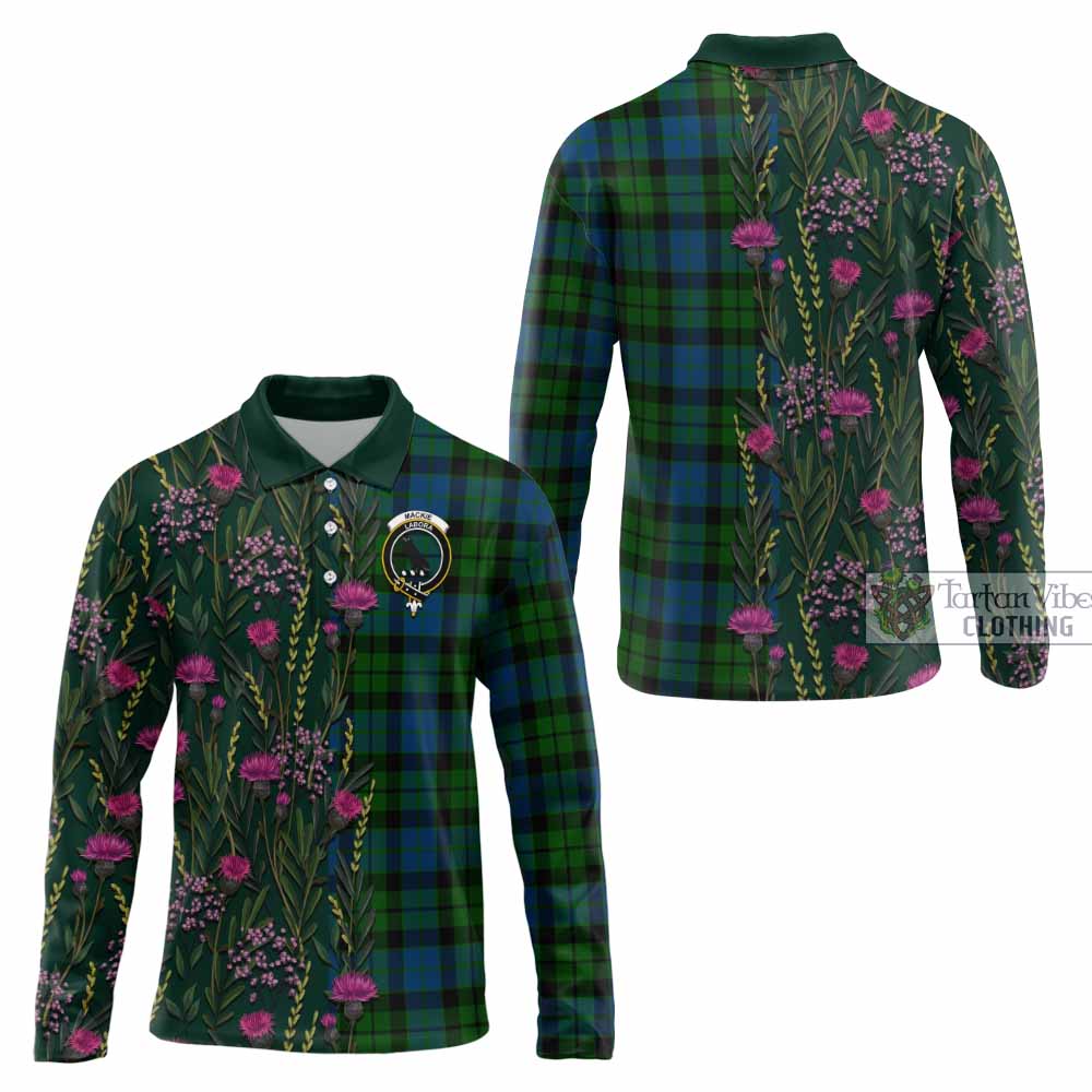 MacKie (McKie) Family Crest Tartan Long Sleeve Polo Shirt Scottish Thistle Flower Pattern Half Style - Tartan Vibes Clothing