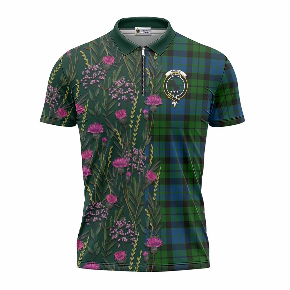 MacKie (McKie) Family Crest Tartan Zipper Polo Shirt Scottish Thistle Flower Pattern Half Style - Tartan Vibes Clothing