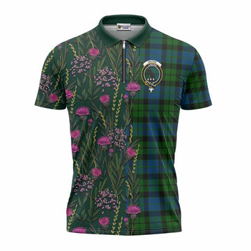 MacKie (McKie) Family Crest Tartan Zipper Polo Shirt Scottish Thistle Flower Pattern Half Style