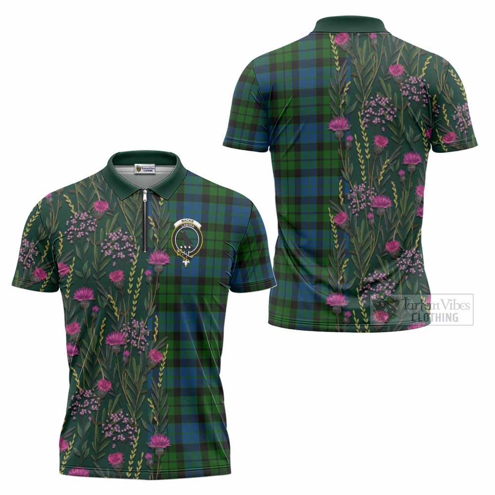 MacKie (McKie) Family Crest Tartan Zipper Polo Shirt Scottish Thistle Flower Pattern Half Style - Tartan Vibes Clothing