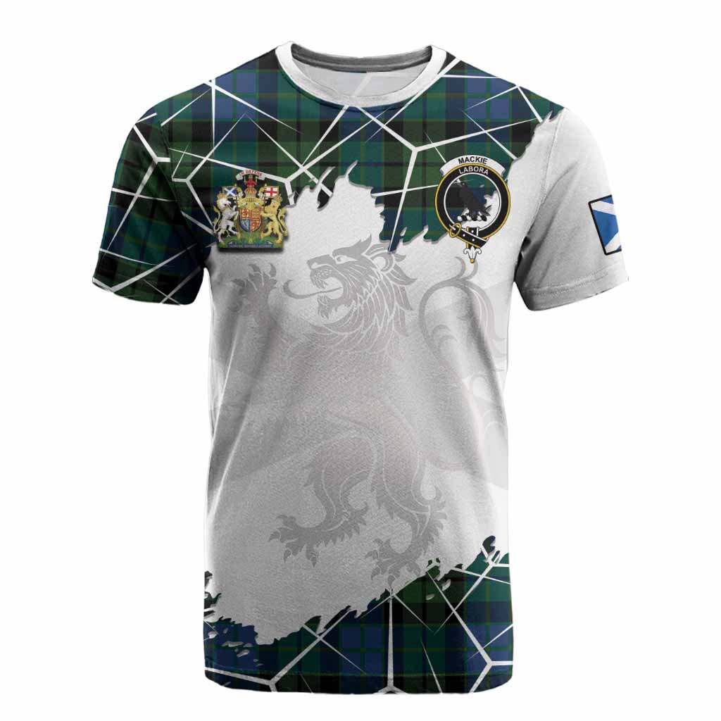 MacKie (McKie) Tartan Cotton T-shirt with Family Crest and Lion Rampant Grunge Style