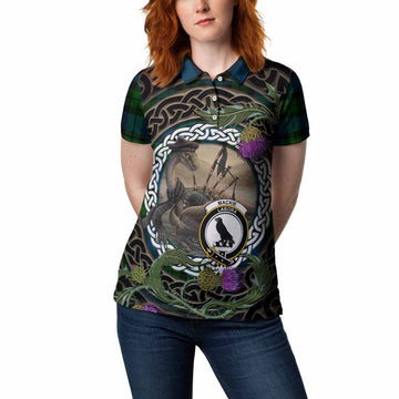 MacKie (McKie) Tartan Crest Bagpipe Nessie Women Polo Shirt Scottish Loch Ness Monster Celtic Thistle