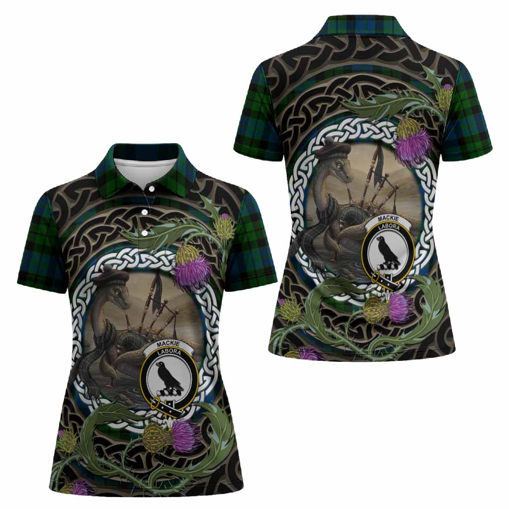MacKie (McKie) Tartan Crest Bagpipe Nessie Women Polo Shirt Scottish Loch Ness Monster Celtic Thistle