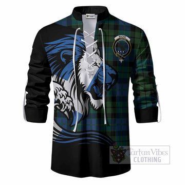 MacKie (McKie) Tartan Crest Ghillie Shirt Scottish Golden Lions Wave Flow