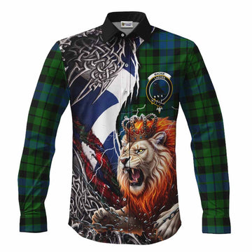 MacKie (McKie) Tartan Crest Long Sleeve Button Shirts Heritage Flag Grunge Celtic Knot and Lion Rampant