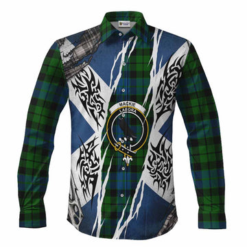 MacKie (McKie) Tartan Crest Long Sleeve Button Shirts Scotland Flag Ripped Tribal Design