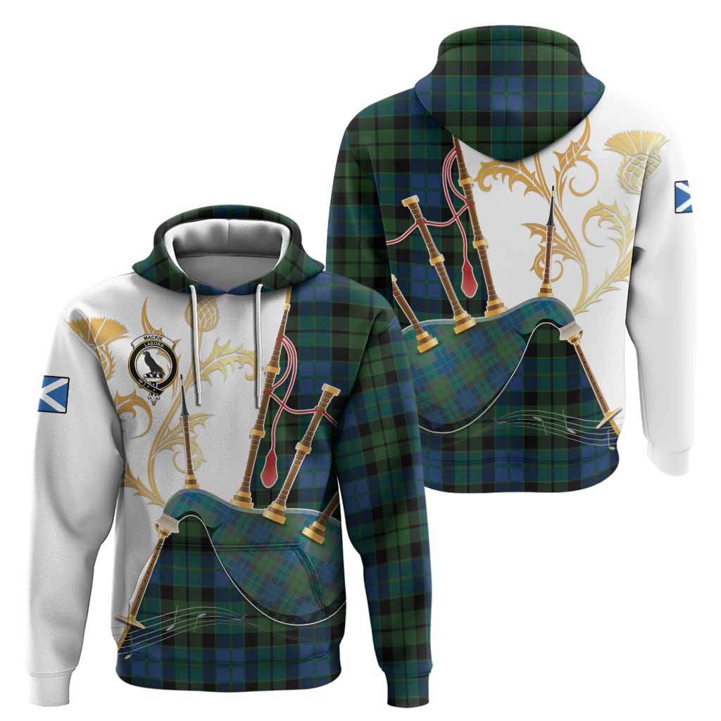 MacKie (McKie) Tartan Family Crest Hoodie Bagpipes with Scottish Thistle