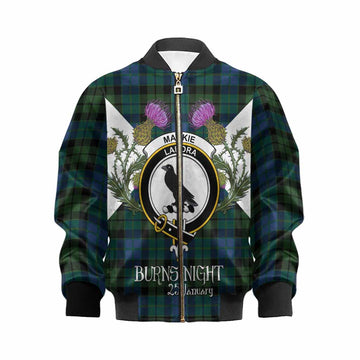 MacKie (McKie) Tartan Family Crest Kid Bomber Jacket Scottish Burns Night Thistle Floral