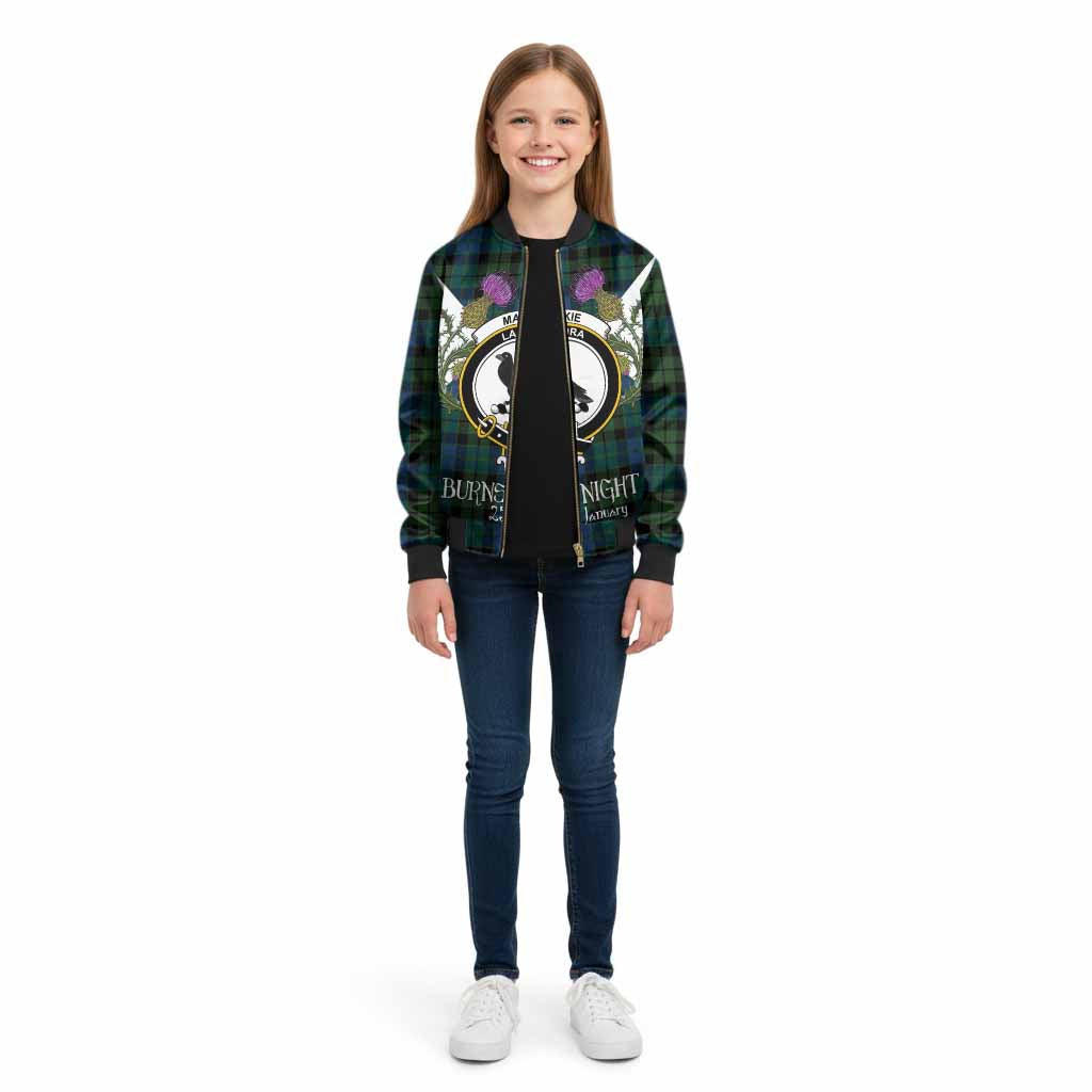 MacKie (McKie) Tartan Family Crest Kid Bomber Jacket Scottish Burns Night Thistle Floral