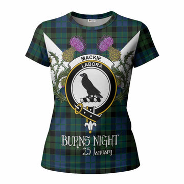 MacKie (McKie) Tartan Family Crest Women T shirt Scottish Burns Night Thistle Floral