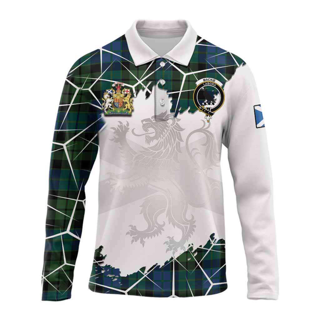 MacKie (McKie) Tartan Long Sleeve Polo Shirt with Family Crest and Lion Rampant Grunge Style