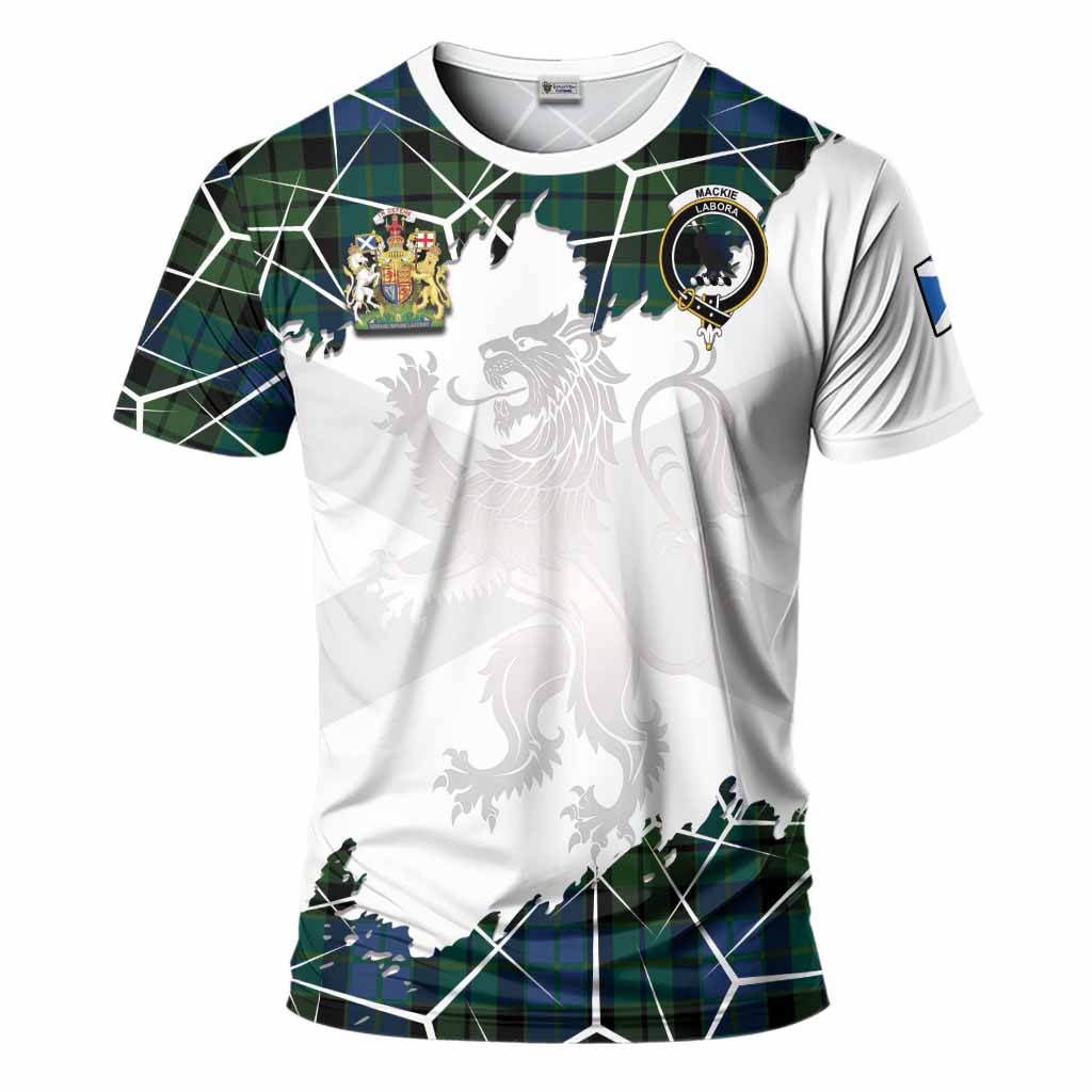 MacKie (McKie) Tartan T-Shirt with Family Crest and Lion Rampant Grunge Style