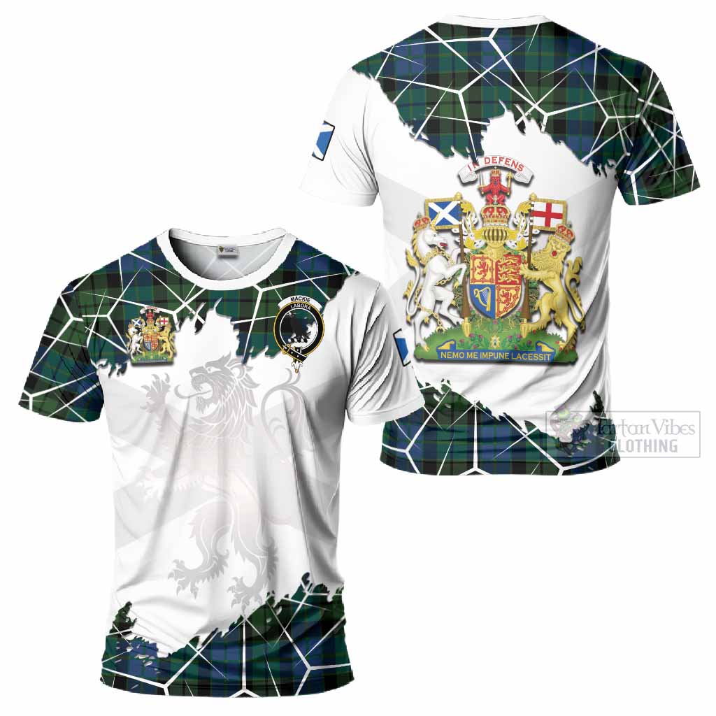 MacKie (McKie) Tartan T-Shirt with Family Crest and Lion Rampant Grunge Style
