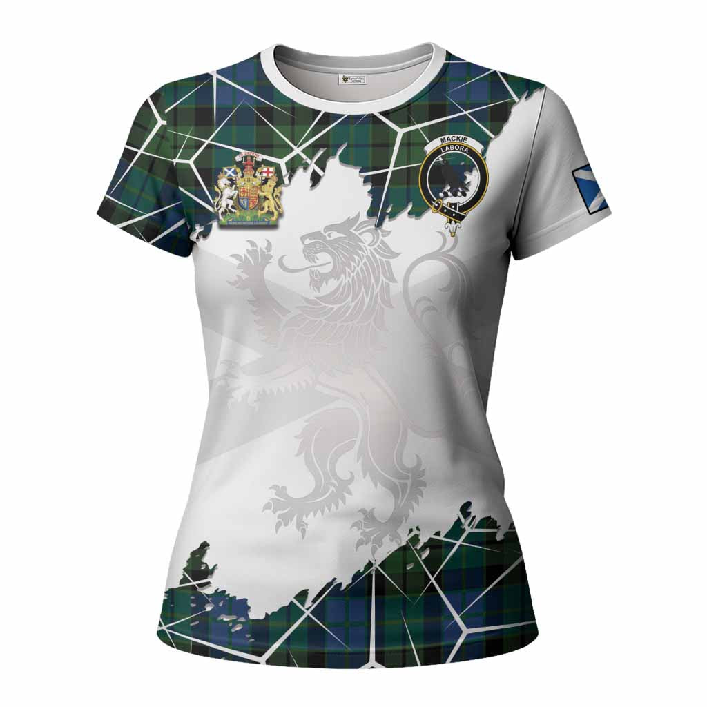 MacKie (McKie) Tartan Women T shirt with Family Crest and Lion Rampant Grunge Style