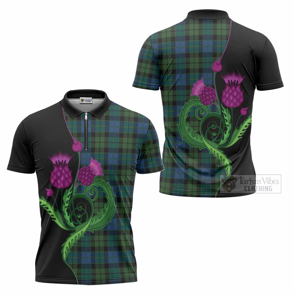MacKie (McKie) Tartan Zipper Polo Shirt Traditional Scottish Thistle
