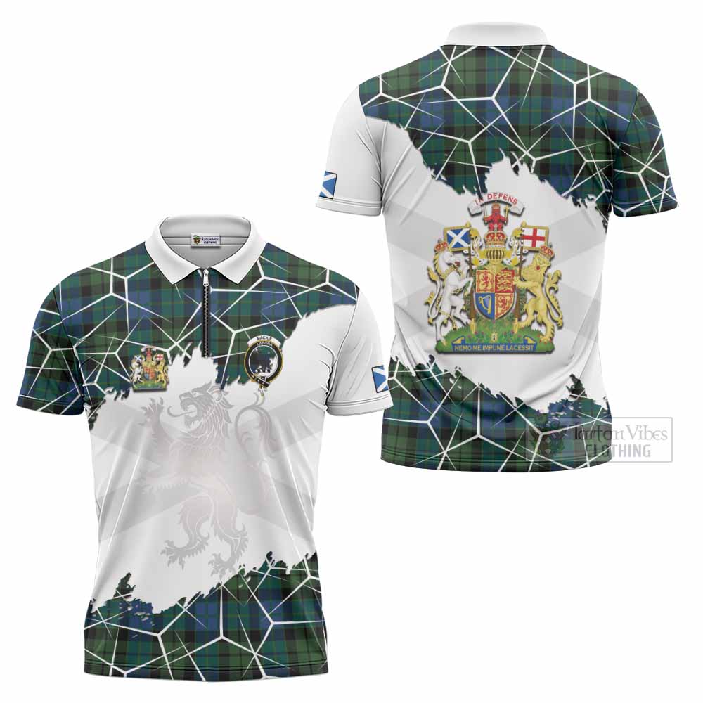 MacKie (McKie) Tartan Zipper Polo Shirt with Family Crest and Lion Rampant Grunge Style