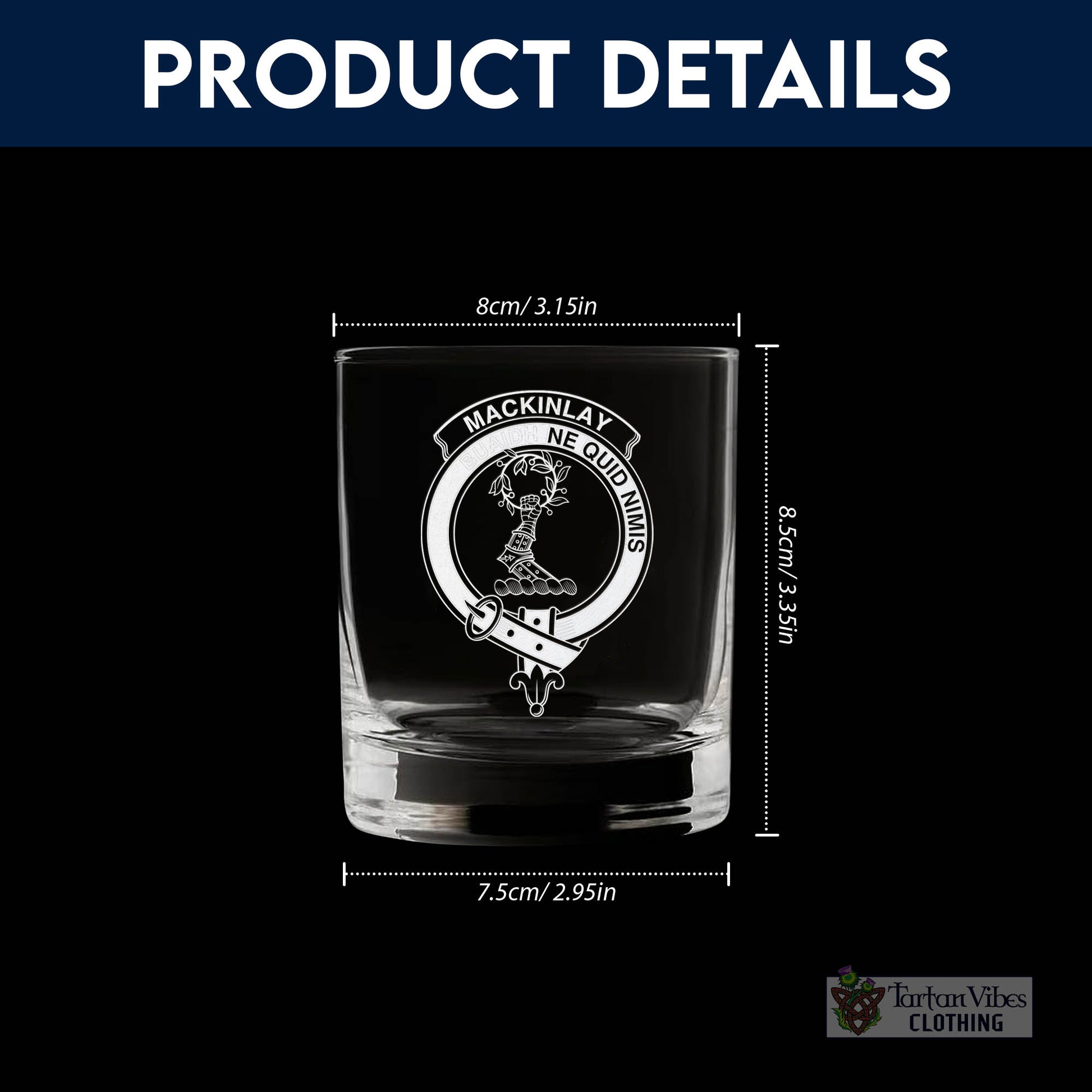 Tartan Vibes Clothing MacKinlay Family Crest Engraved Whiskey Glass with Handle