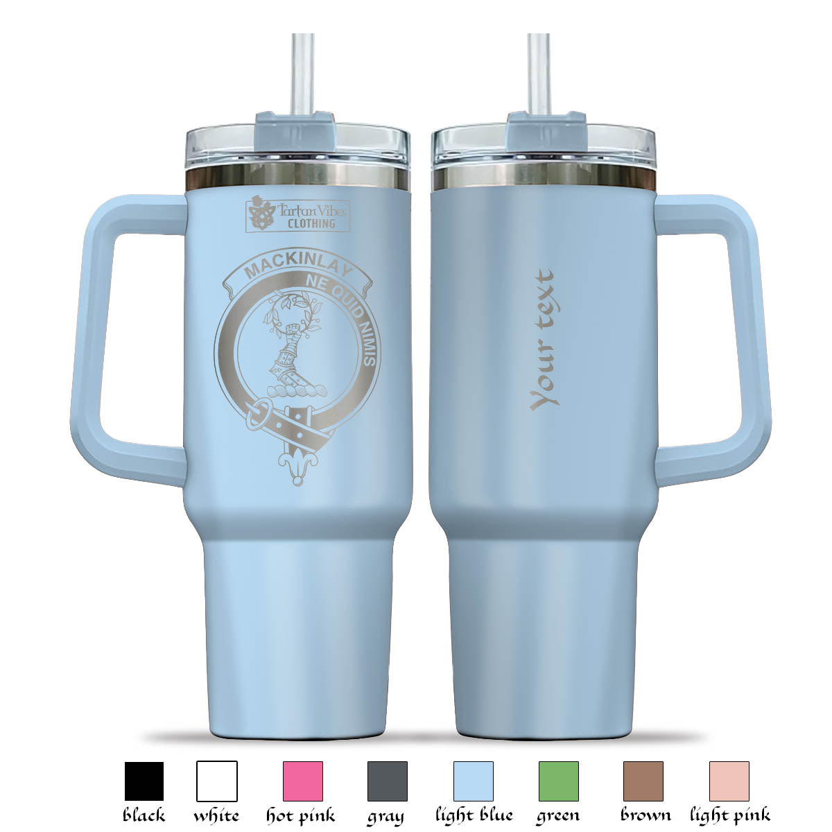 Tartan Vibes Clothing MacKinlay Engraved Family Crest Tumbler with Handle
