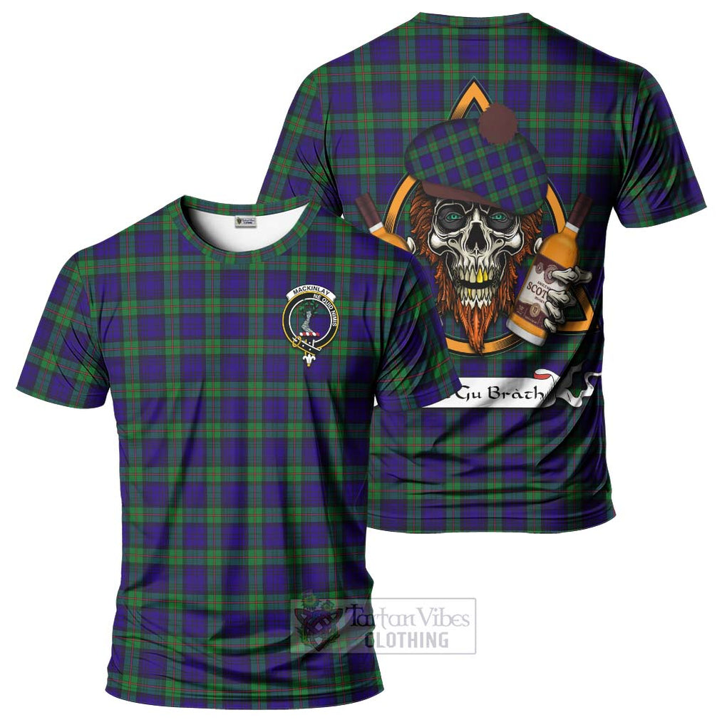 Tartan Vibes Clothing MacKinlay (McKinlay) Tartan T-Shirt with Family Crest and Bearded Skull Holding Bottles of Whiskey