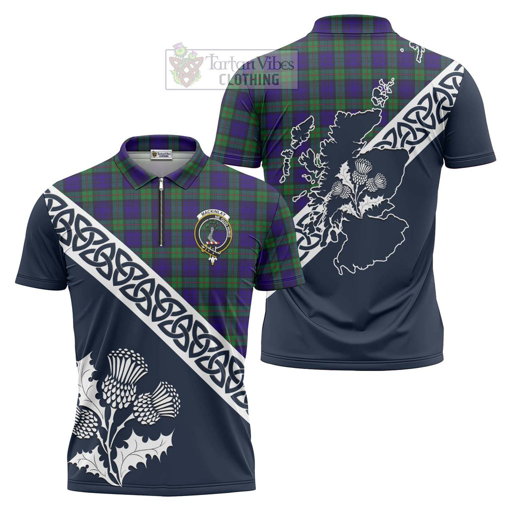 Tartan Vibes Clothing MacKinlay (McKinlay) Tartan Zipper Polo Shirt Featuring Thistle and Scotland Map