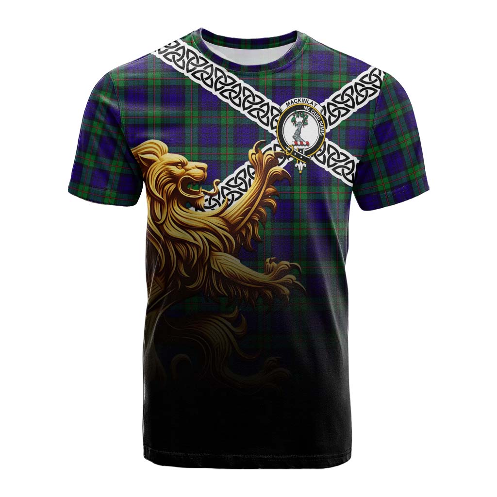 Tartan Vibes Clothing MacKinlay (McKinlay) Crest Tartan Cotton T-shirt with Golden Lion Emblem Celtic Style