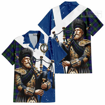 Tartan Vibes Clothing MacKinlay (McKinlay) Tartan Short Sleeve Button Shirt with Family Crest Scottish Bagpiper Vibes