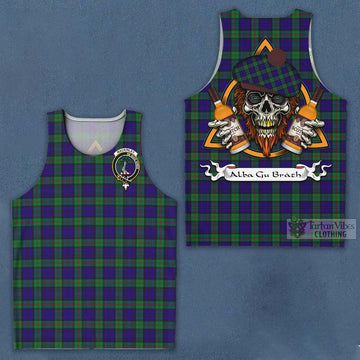 Tartan Vibes Clothing MacKinlay (McKinlay) Tartan Men's Tank Top with Family Crest and Bearded Skull Holding Bottles of Whiskey
