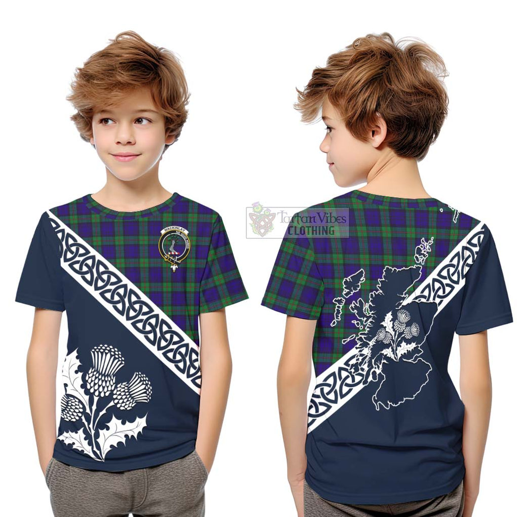 Tartan Vibes Clothing MacKinlay (McKinlay) Tartan Kid T-Shirt Featuring Thistle and Scotland Map