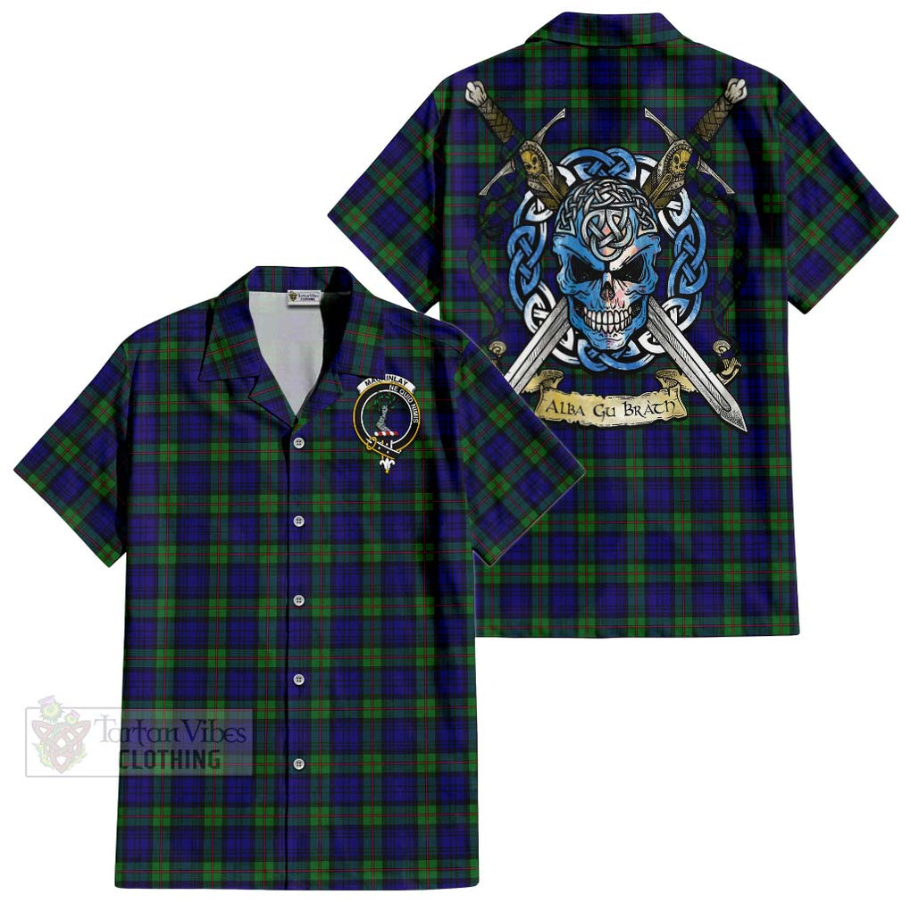 Tartan Vibes Clothing MacKinlay (McKinlay) Tartan Short Sleeve Button Shirt with Family Crest Celtic Skull Style