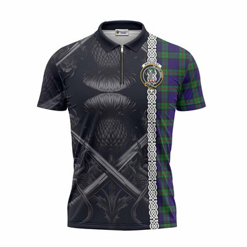 Tartan Vibes Clothing MacKinlay (McKinlay) Tartan Zipper Polo Shirt with Family Crest Cross Sword Thistle Celtic Vibes