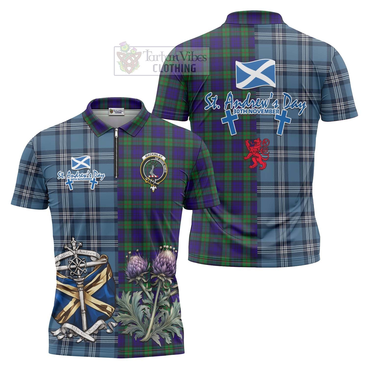 Tartan Vibes Clothing MacKinlay (McKinlay) Tartan Zipper Polo Shirt Happy St. Andrew's Day Half Tartan Style