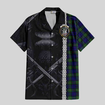 Tartan Vibes Clothing MacKinlay (McKinlay) Tartan Short Sleeve Button Shirt with Family Crest Cross Sword Thistle Celtic Vibes