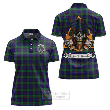 Tartan Vibes Clothing MacKinlay (McKinlay) Tartan Women's Polo Shirt with Family Crest and Bearded Skull Holding Bottles of Whiskey