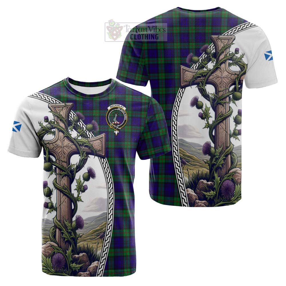 Tartan Vibes Clothing MacKinlay (McKinlay) Tartan Cotton T-shirt with Family Crest and St. Andrew's Cross Accented by Thistle Vines
