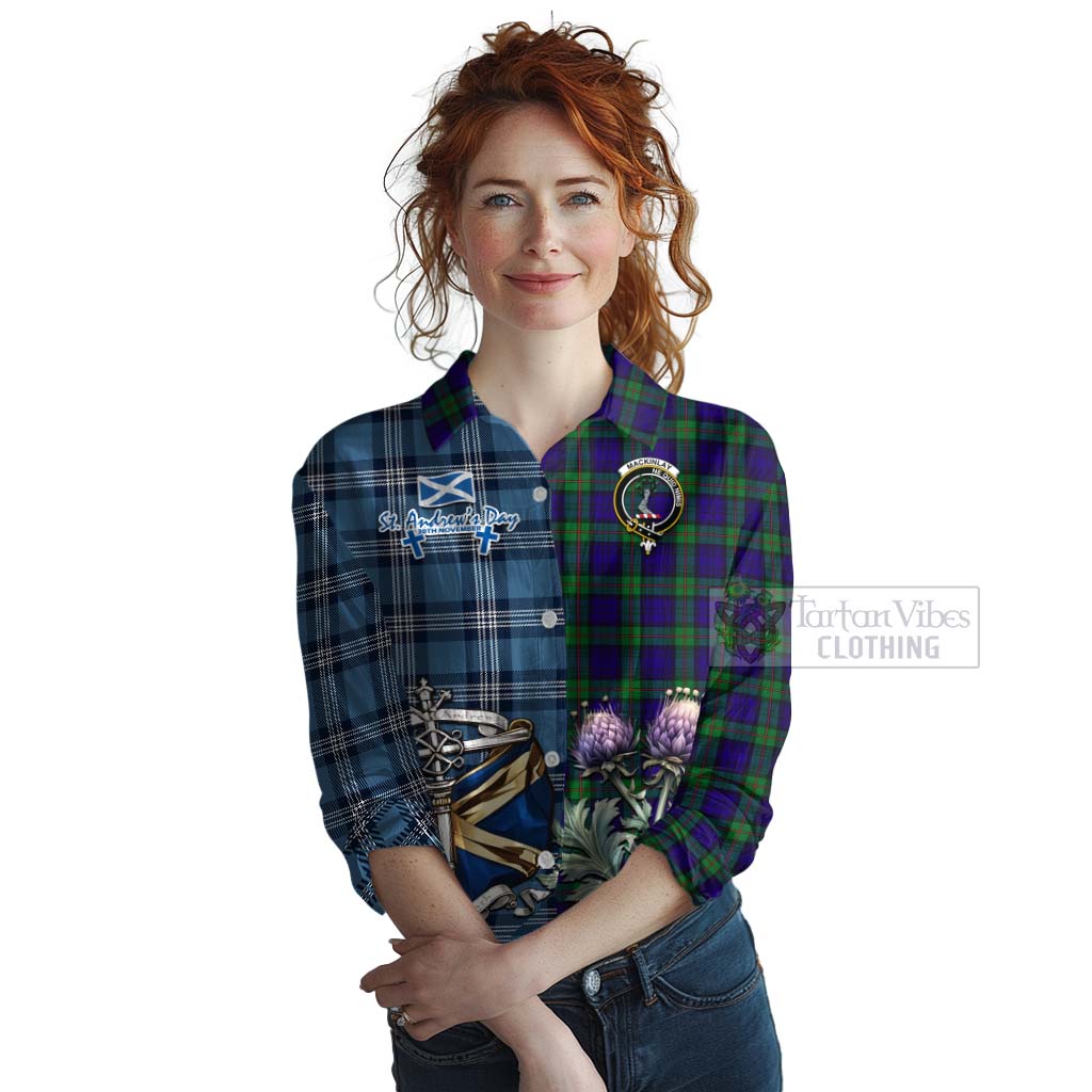 Tartan Vibes Clothing MacKinlay (McKinlay) Tartan Women's Casual Shirt Happy St. Andrew's Day Half Tartan Style