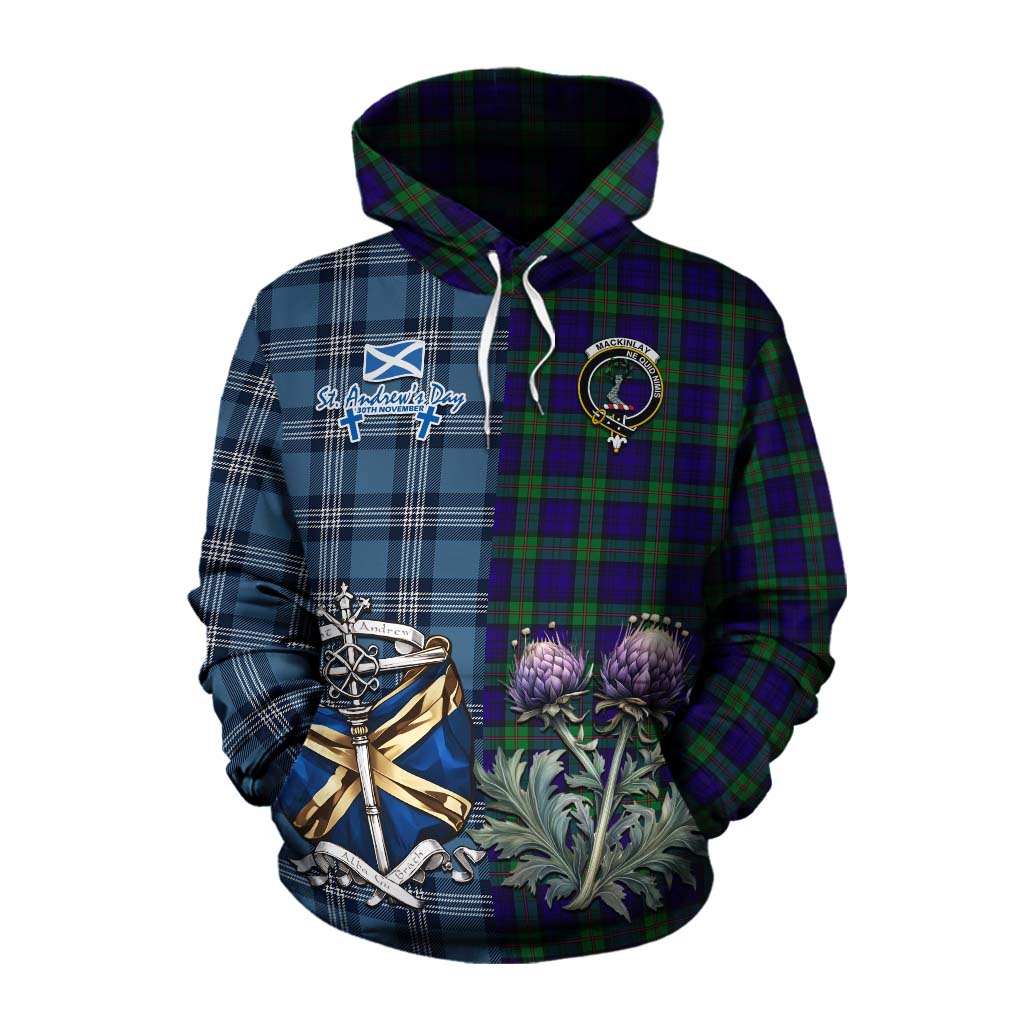 Tartan Vibes Clothing MacKinlay (McKinlay) Tartan Cotton Hoodie Happy St. Andrew's Day Half Tartan Style