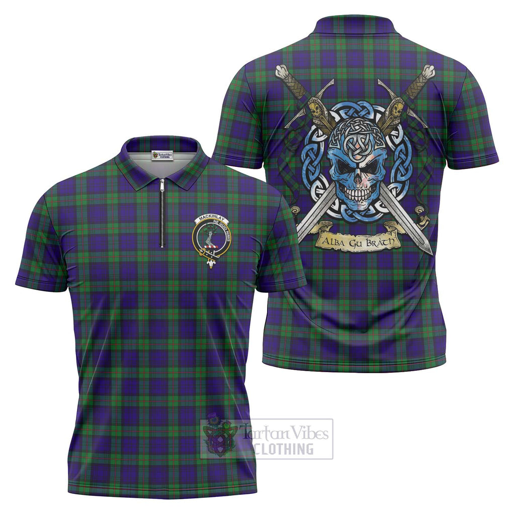Tartan Vibes Clothing MacKinlay (McKinlay) Tartan Zipper Polo Shirt with Family Crest Celtic Skull Style