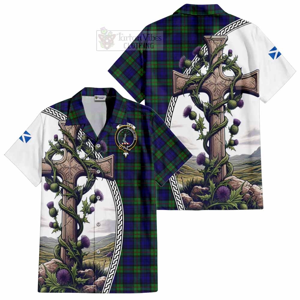 Tartan Vibes Clothing MacKinlay (McKinlay) Tartan Short Sleeve Button Shirt with Family Crest and St. Andrew's Cross Accented by Thistle Vines