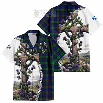 Tartan Vibes Clothing MacKinlay (McKinlay) Tartan Short Sleeve Button Shirt with Family Crest and St. Andrew's Cross Accented by Thistle Vines