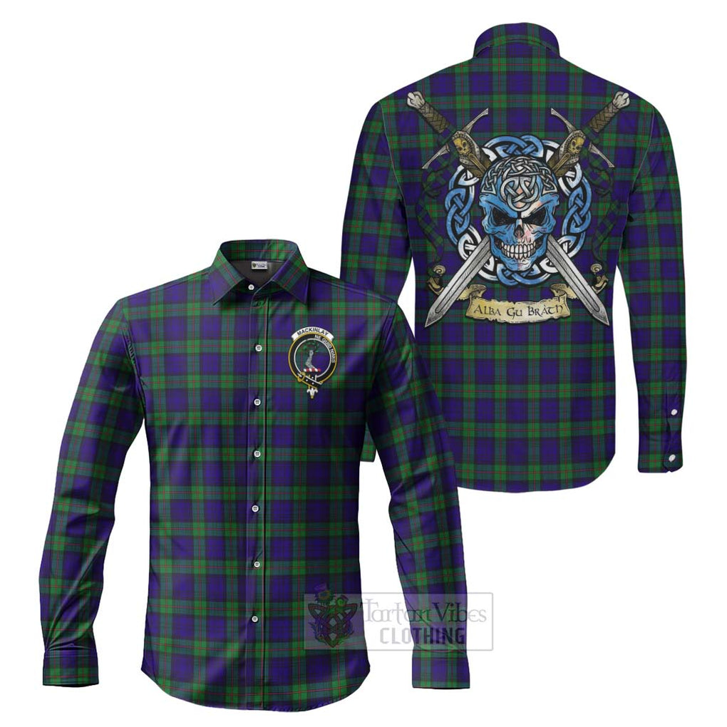 Tartan Vibes Clothing MacKinlay (McKinlay) Tartan Long Sleeve Button Shirt with Family Crest Celtic Skull Style