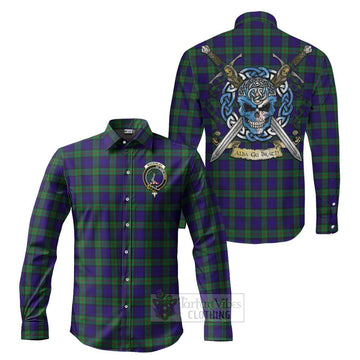 Tartan Vibes Clothing MacKinlay (McKinlay) Tartan Long Sleeve Button Shirt with Family Crest Celtic Skull Style