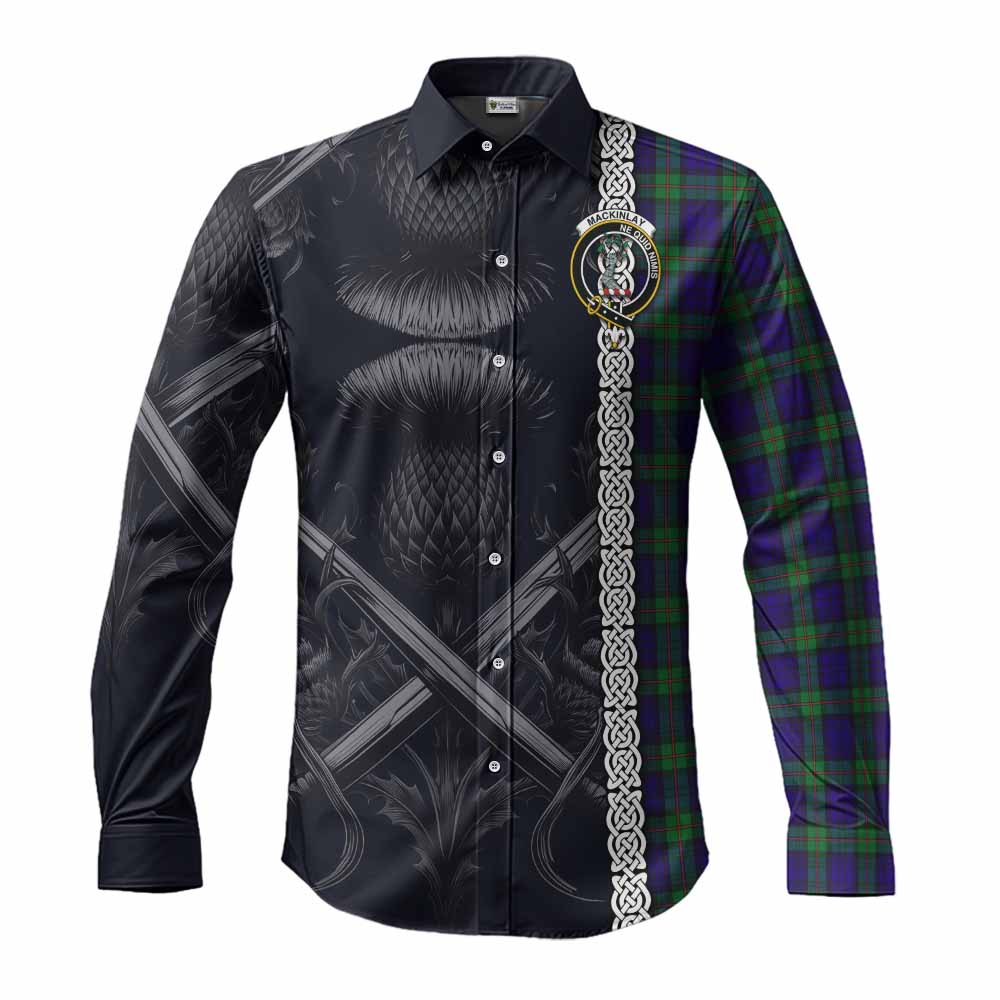 Tartan Vibes Clothing MacKinlay (McKinlay) Tartan Long Sleeve Button Shirt with Family Crest Cross Sword Thistle Celtic Vibes