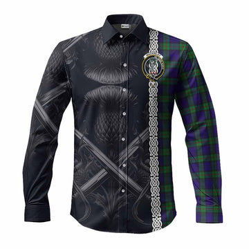 Tartan Vibes Clothing MacKinlay (McKinlay) Tartan Long Sleeve Button Shirt with Family Crest Cross Sword Thistle Celtic Vibes